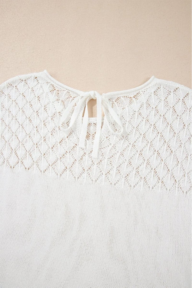 Elegant White Eyelet Knit Short Sleeve Sweater with Tied Back Detail - Love Salve